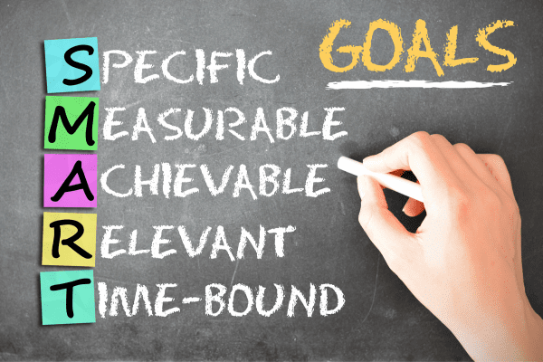 a hand writing goals on a blackboard