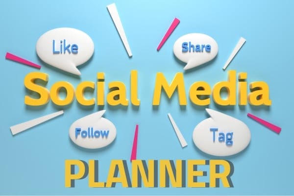 a blue background with a yellow and white sign that says social media planner