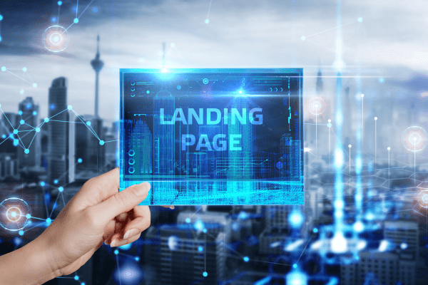 a hand holding up a screen that reads landing page