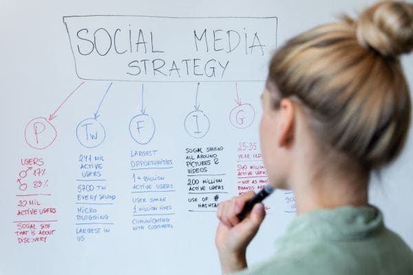 a woman writing on a whiteboard with a marker